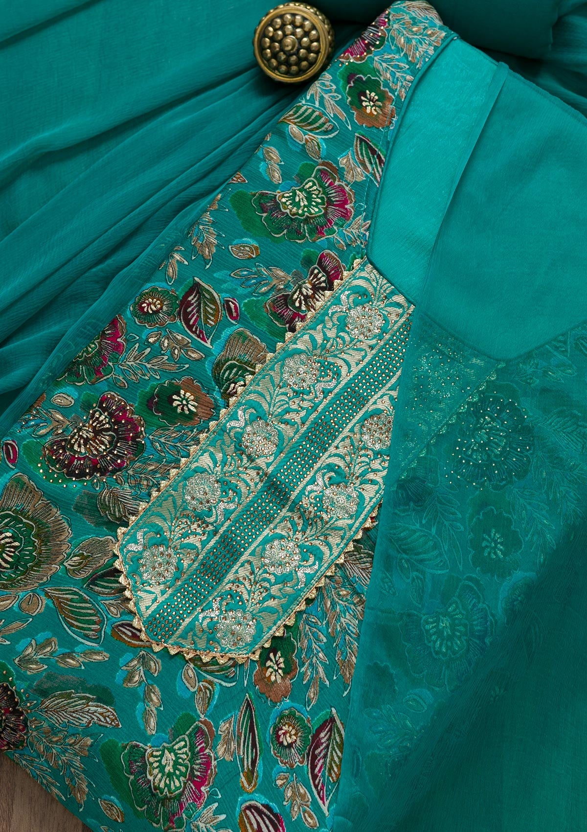 Sea Green Semi Crepe Swarovski Unstitched Salwar Suit-koskii