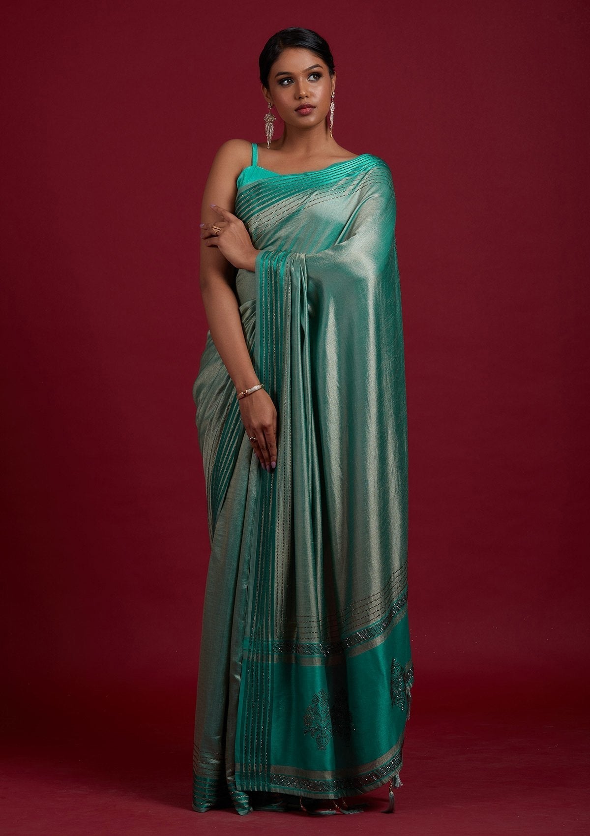 Sea Green Swarovski Semi Crepe Designer Saree - Koskii