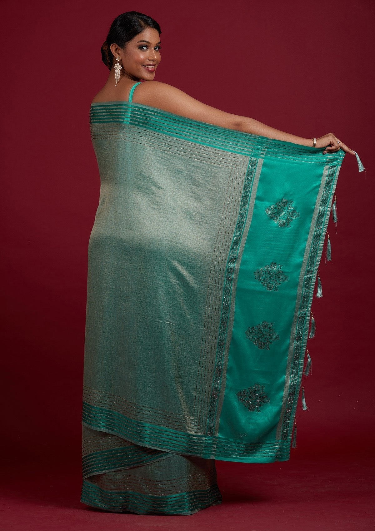 Sea Green Swarovski Semi Crepe Designer Saree - Koskii