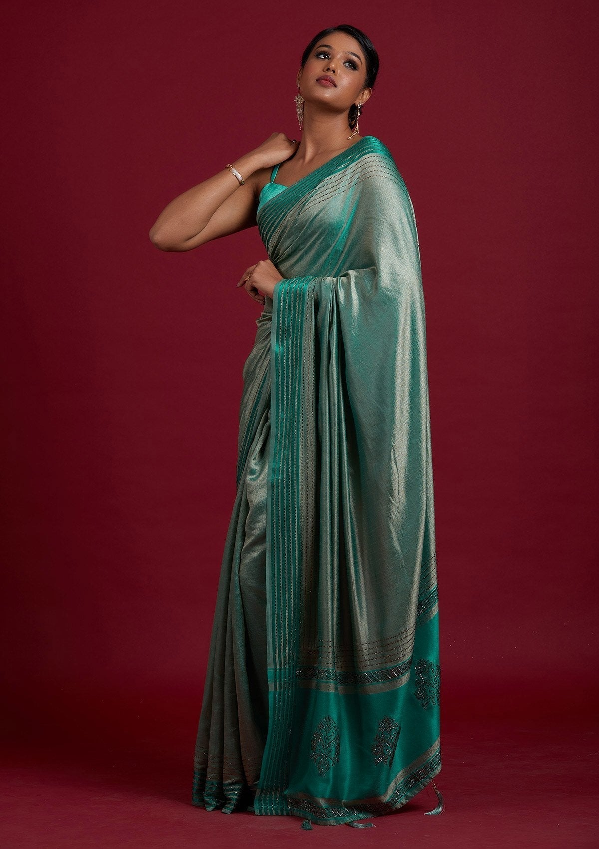 Sea Green Swarovski Semi Crepe Designer Saree - Koskii