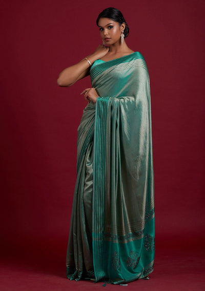 Sea Green Swarovski Semi Crepe Designer Saree - Koskii