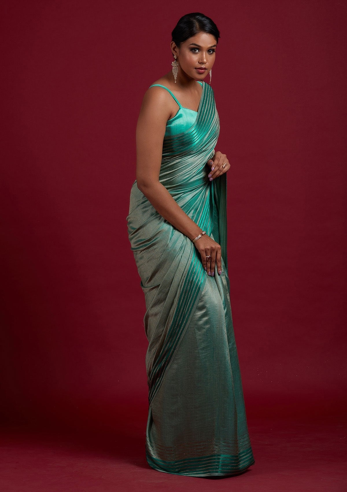 Sea Green Swarovski Semi Crepe Designer Saree - Koskii