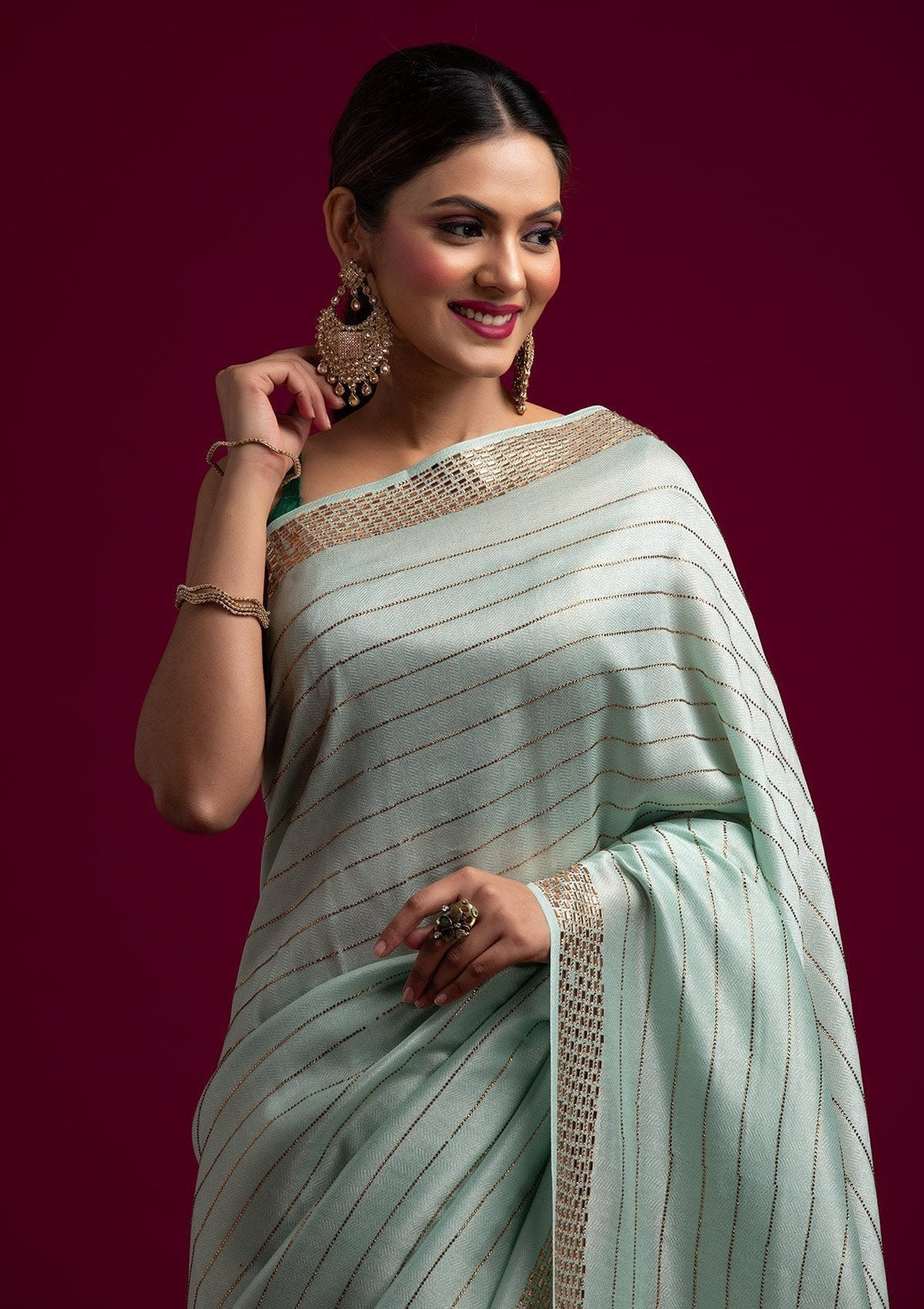 Sea Green Swarovski Shimmer Designer Saree - koskii