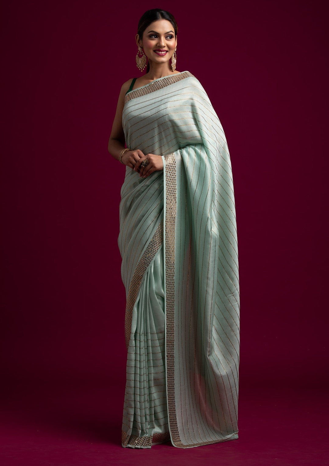 Sea Green Swarovski Shimmer Designer Saree - koskii