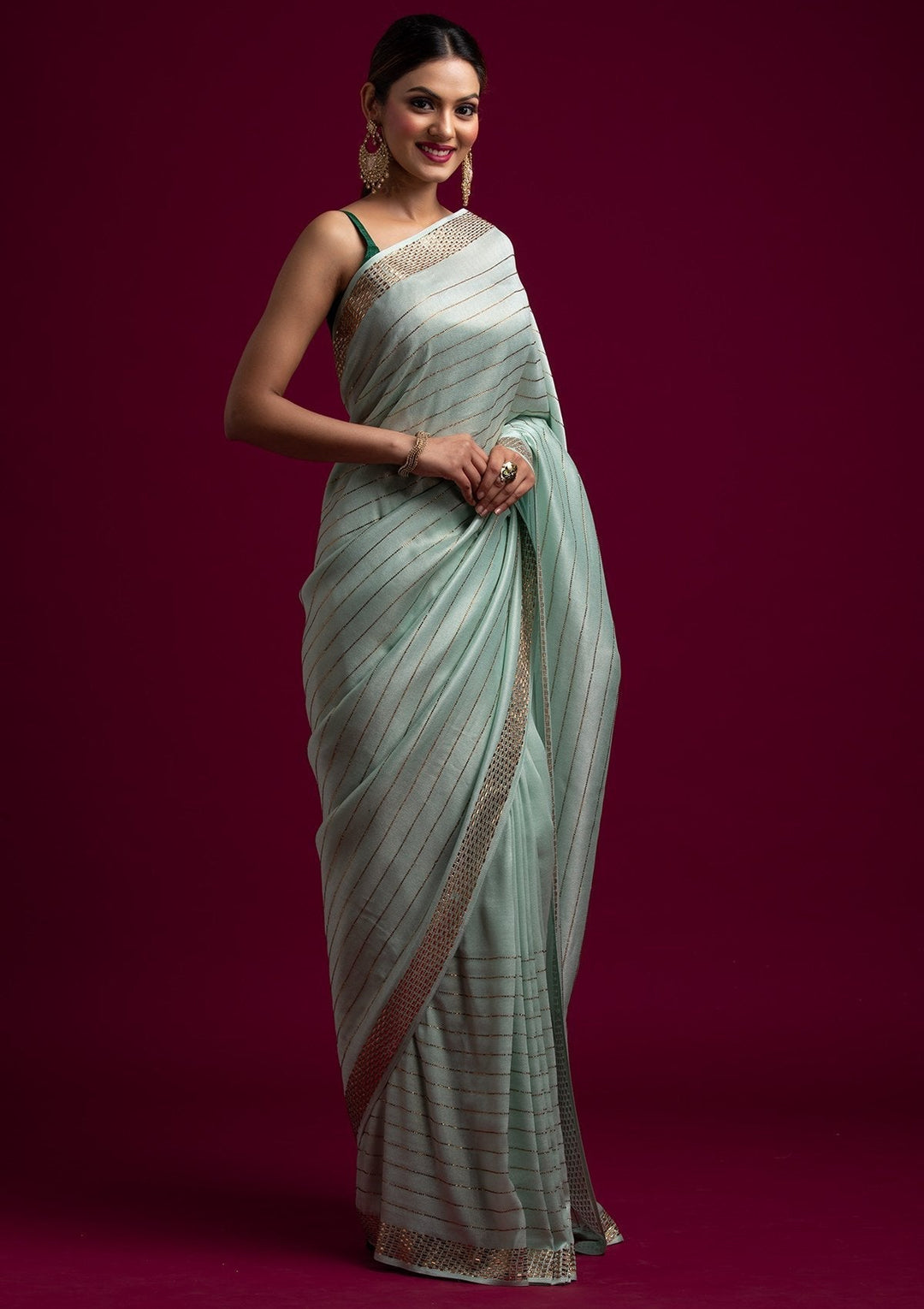 Sea Green Swarovski Shimmer Designer Saree - koskii