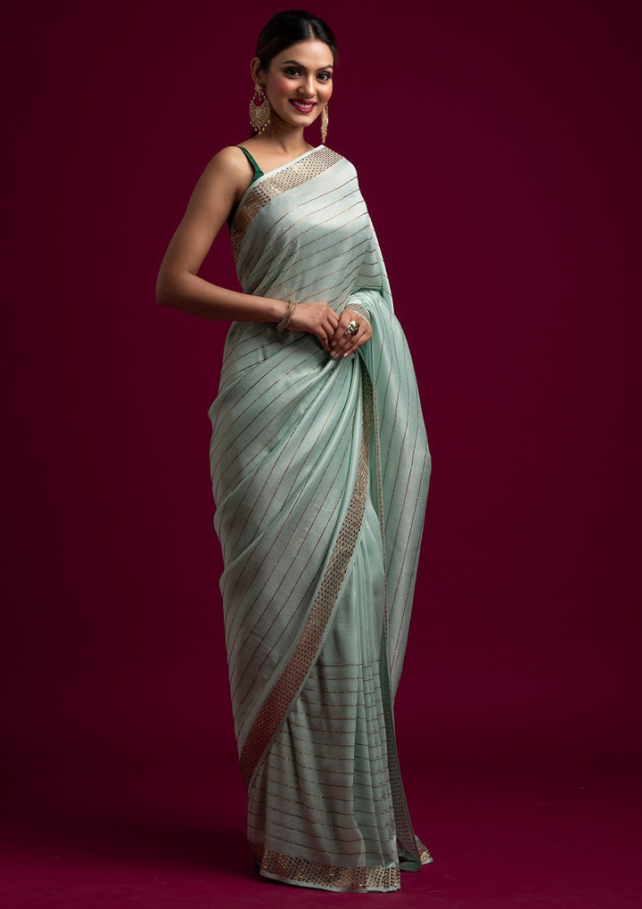 Sea Green Swarovski Shimmer Designer Saree - koskii