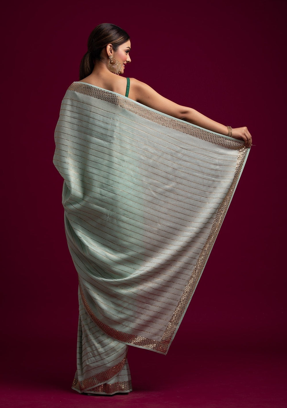 Sea Green Swarovski Shimmer Designer Saree - koskii