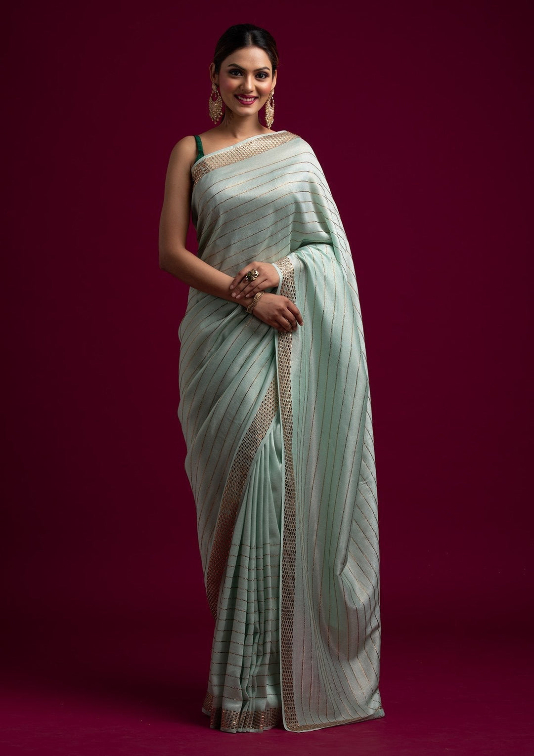 Sea Green Swarovski Shimmer Designer Saree - koskii