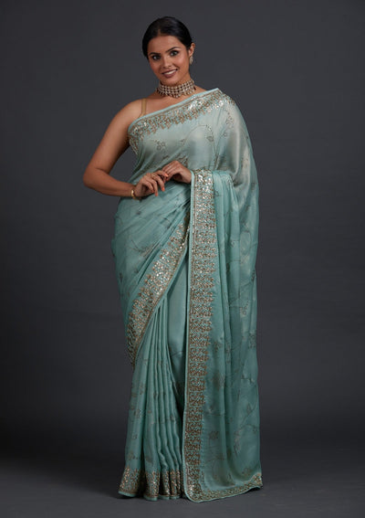 Sea Green Swarovski Shimmer Designer Saree - Koskii