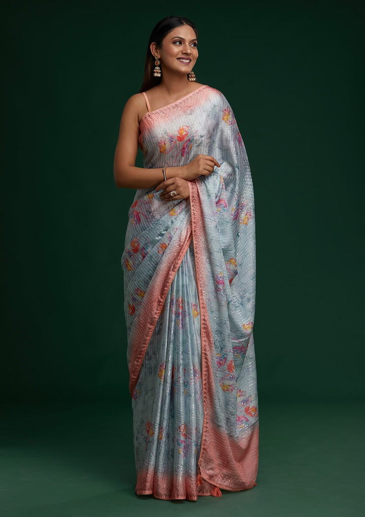 Sea Green Swarovski Taffeta Silk Saree - Koskii