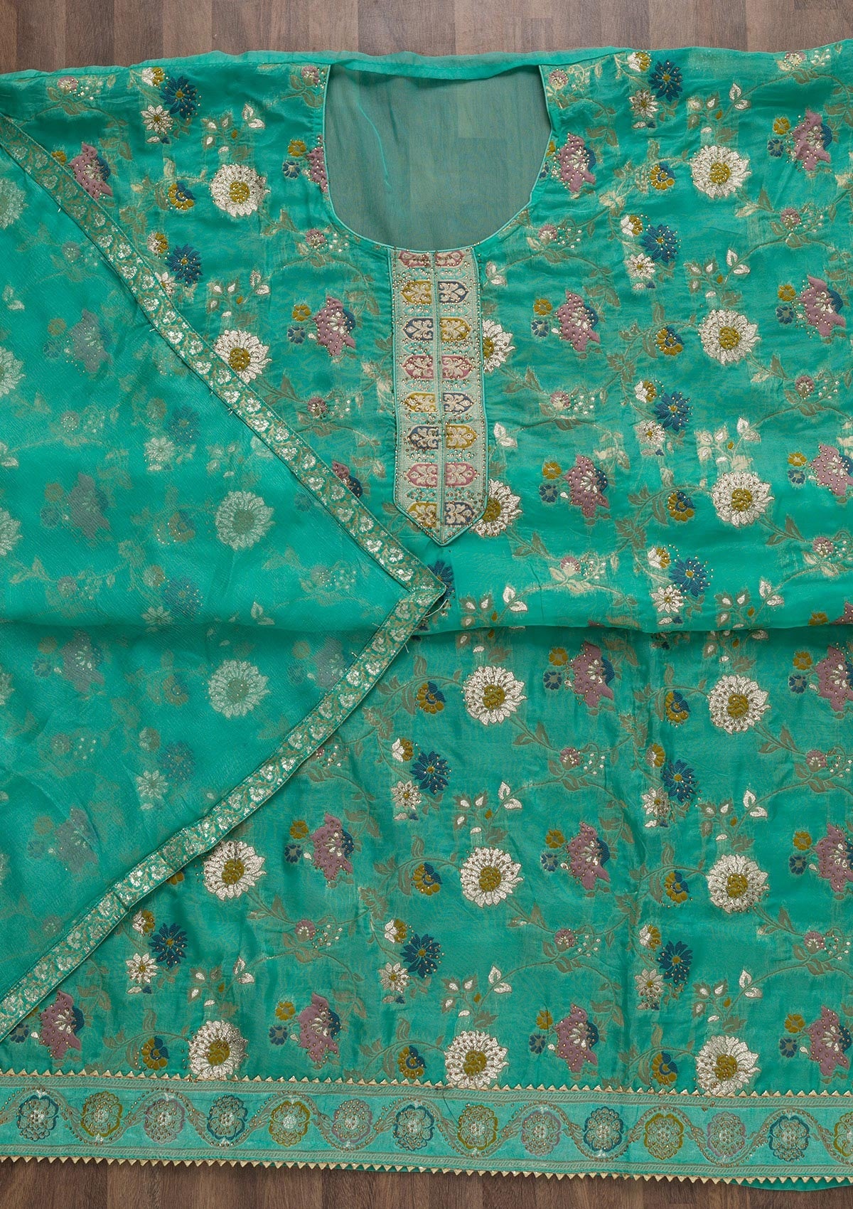 Sea Green Tissue Swarovski Unstitched Salwar Suit-koskii