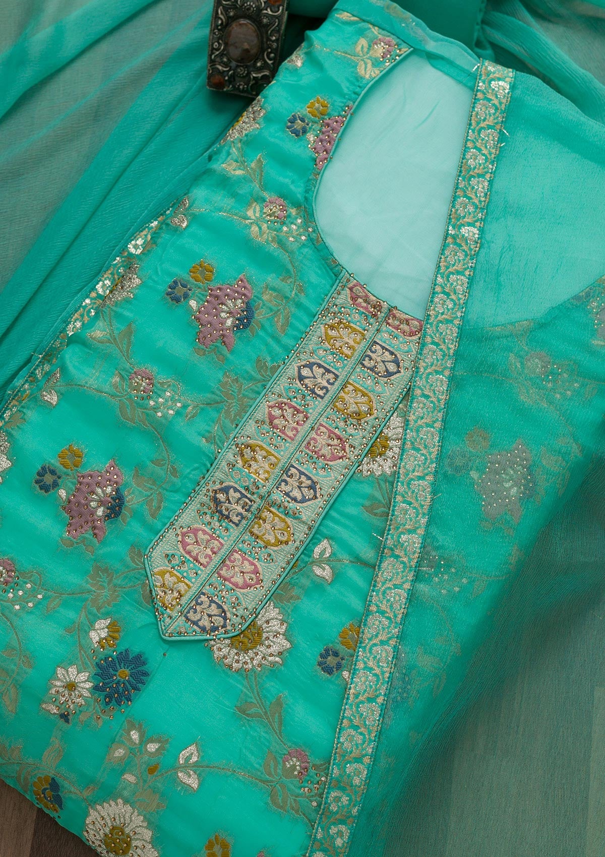 Sea Green Tissue Swarovski Unstitched Salwar Suit-koskii
