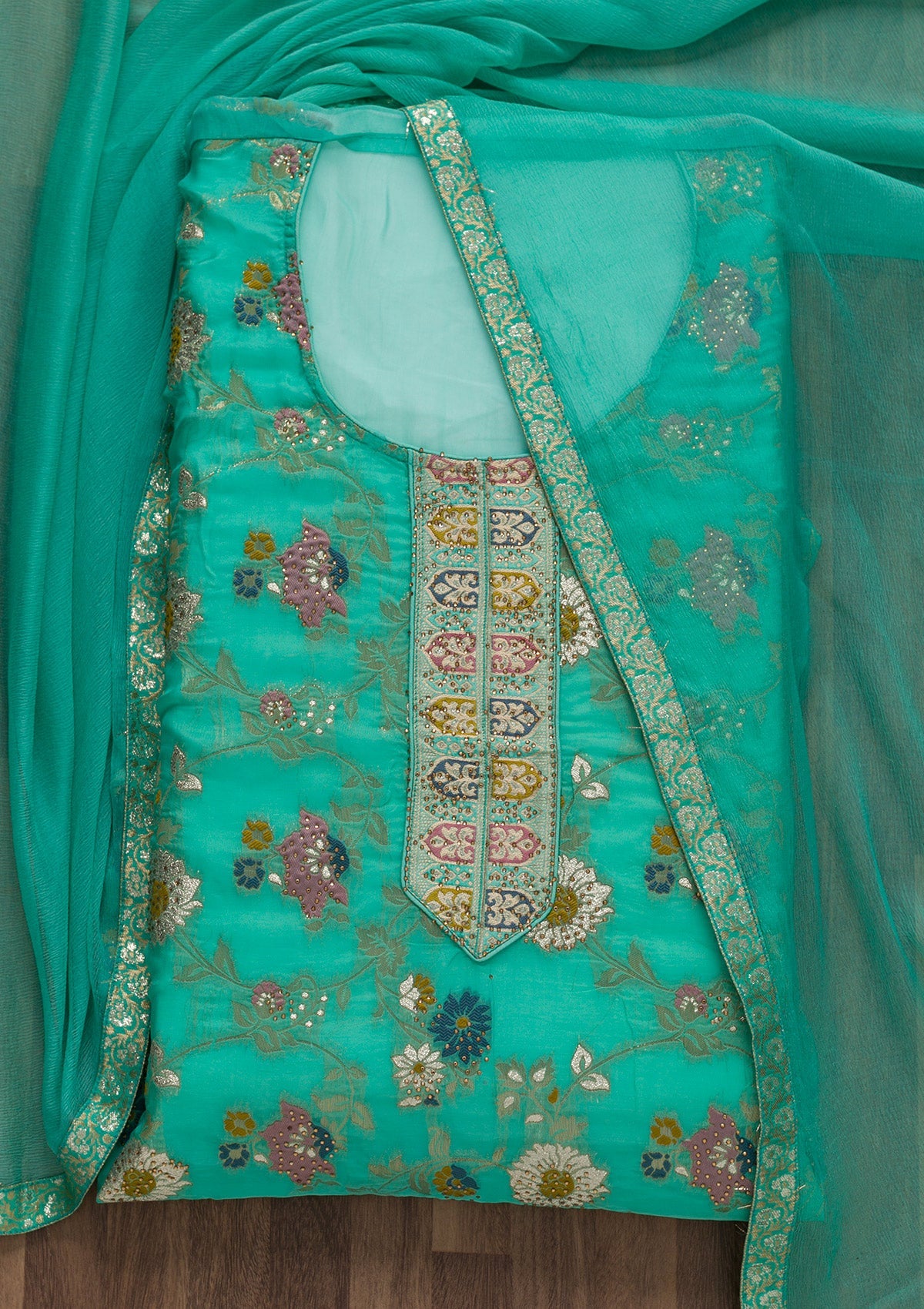 Sea Green Tissue Swarovski Unstitched Salwar Suit-koskii