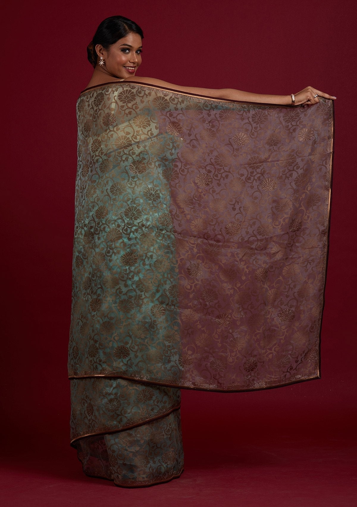 Sea Green Swarovski Tissue Designer Saree - Koskii