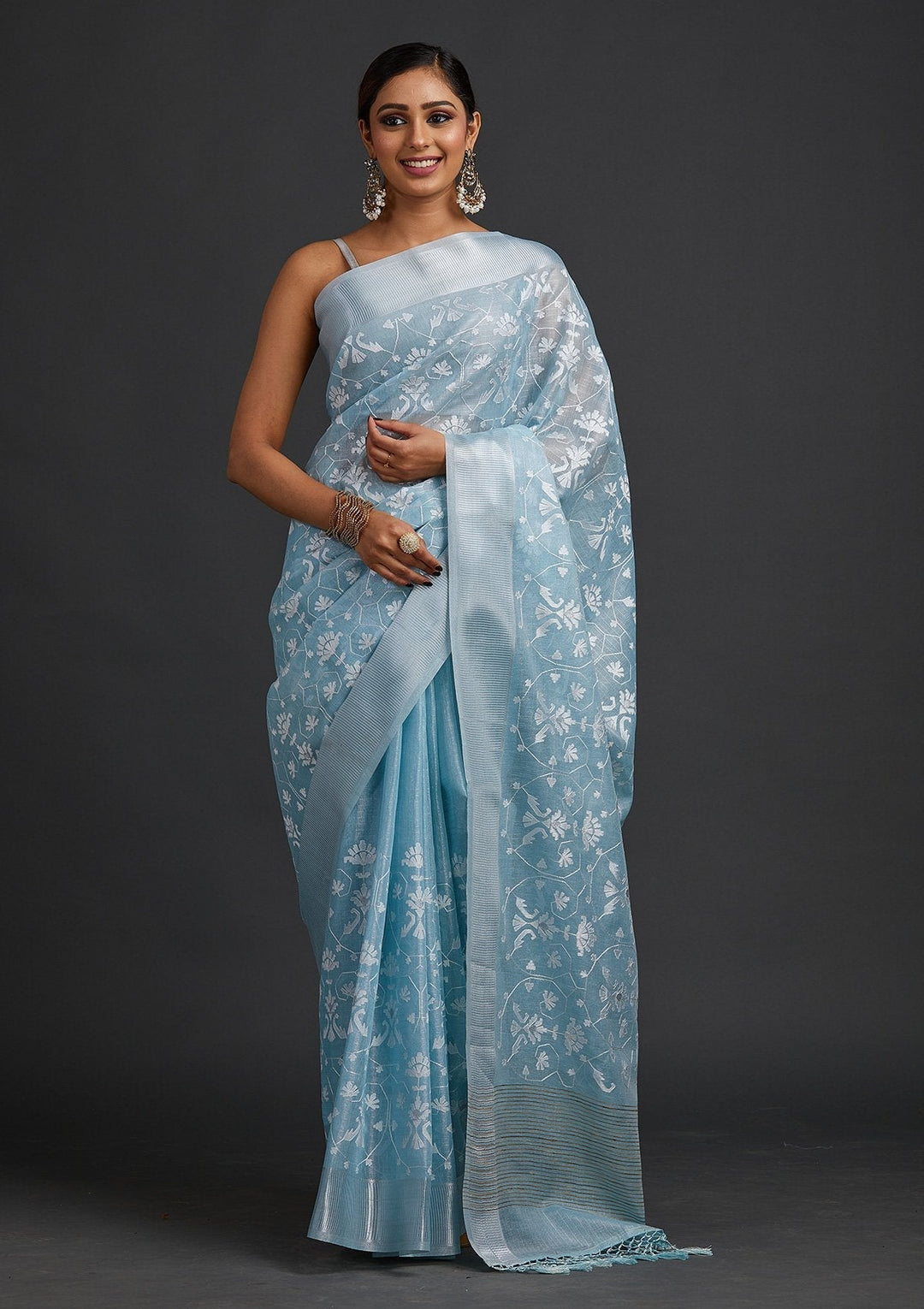Sea Green Threadwork Art Silk Designer Saree - koskii