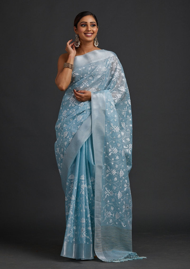 Sea Green Threadwork Art Silk Designer Saree - koskii