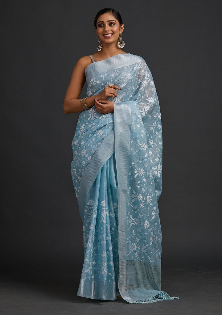 Sea Green Threadwork Art Silk Designer Saree - koskii