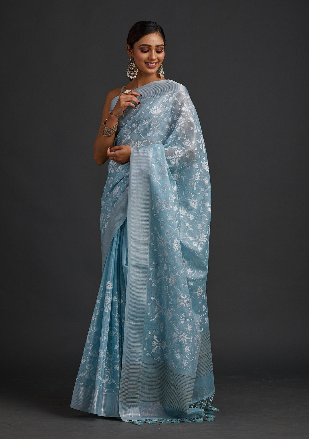 Sea Green Threadwork Art Silk Designer Saree - koskii