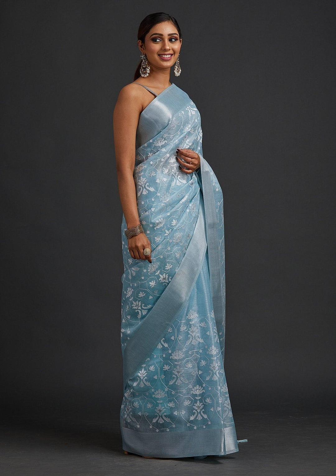 Sea Green Threadwork Art Silk Designer Saree - koskii