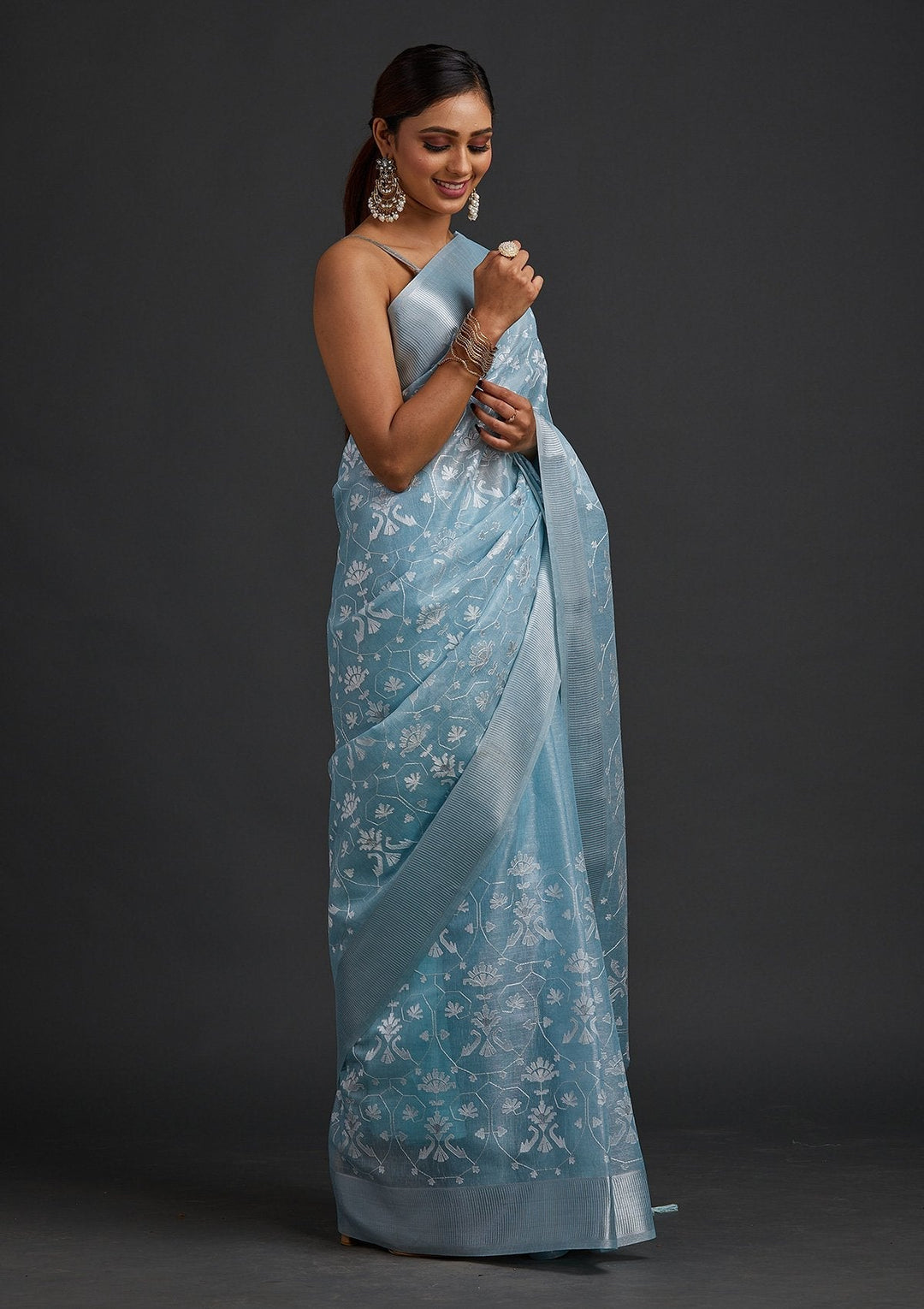 Sea Green Threadwork Art Silk Designer Saree - koskii