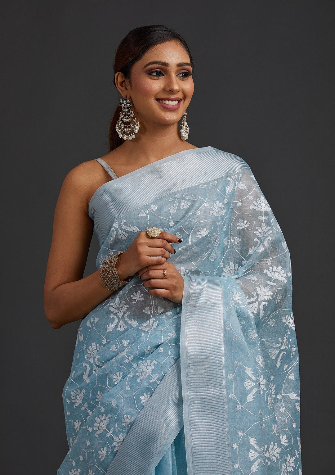 Sea Green Threadwork Art Silk Designer Saree - koskii