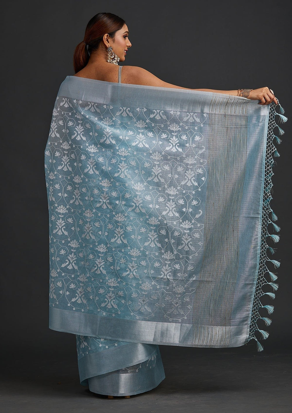 Sea Green Threadwork Art Silk Designer Saree - koskii
