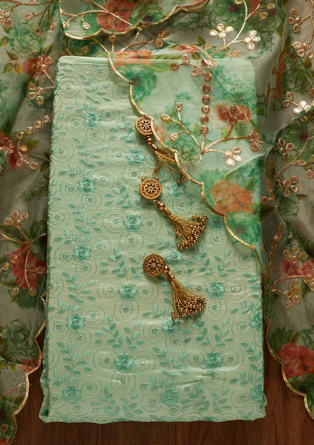 Sea Green Threadwork Chanderi Designer Unstitched Salwar Suit - koskii