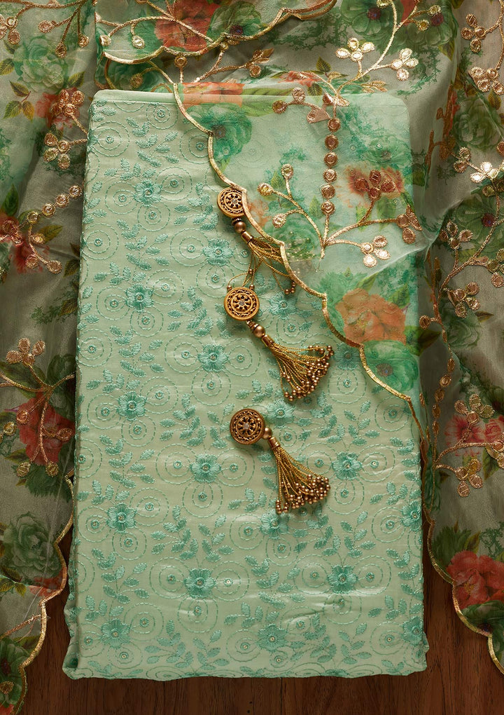 Sea Green Threadwork Chanderi Designer Unstitched Salwar Suit - koskii