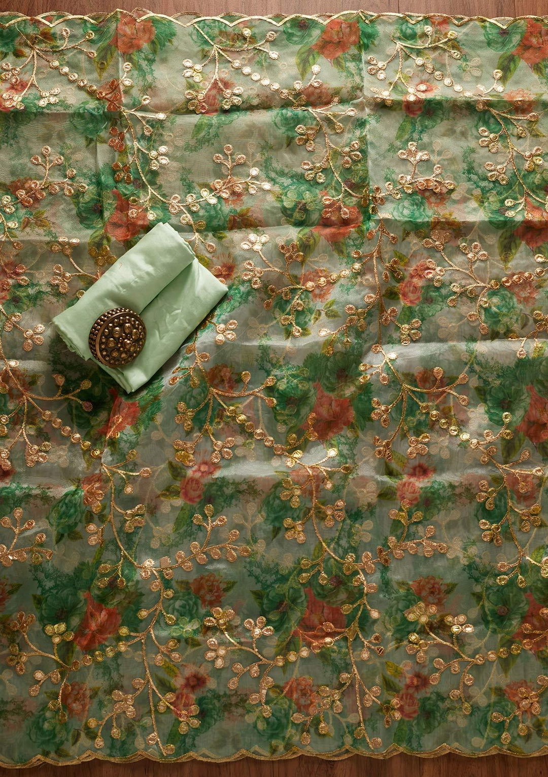 Sea Green Threadwork Chanderi Designer Unstitched Salwar Suit - koskii