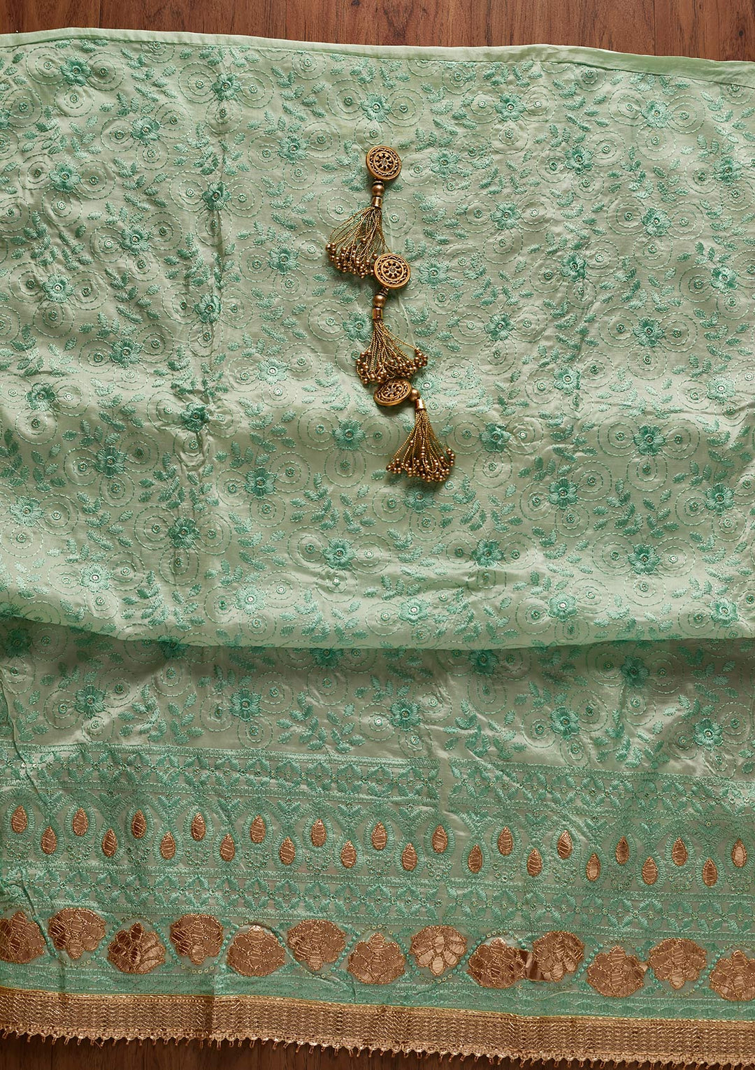 Sea Green Threadwork Chanderi Designer Unstitched Salwar Suit - koskii