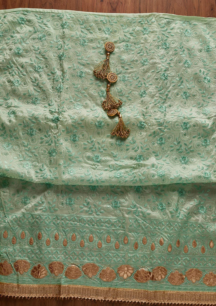 Sea Green Threadwork Chanderi Designer Unstitched Salwar Suit - koskii