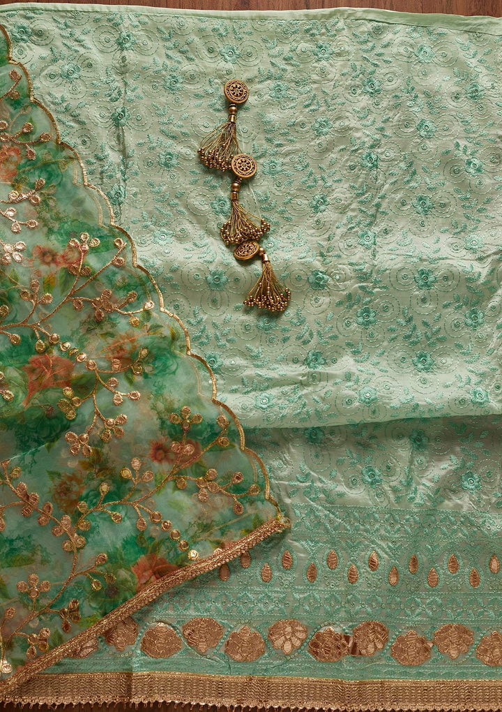 Sea Green Threadwork Chanderi Designer Unstitched Salwar Suit - koskii