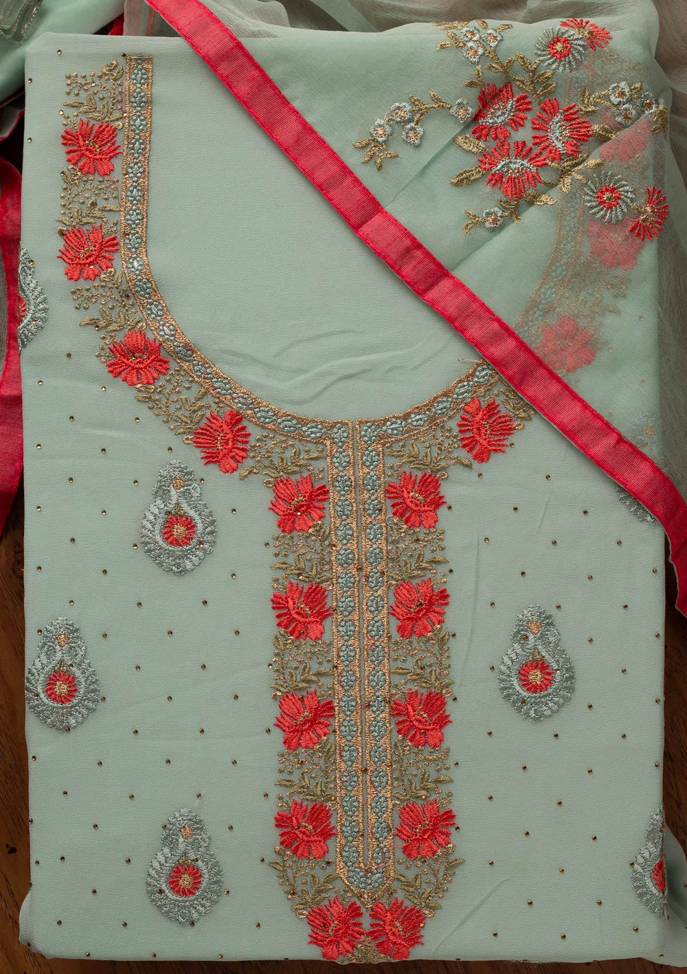 Sea Green Threadwork Chanderi Designer Unstitched Salwar Suit - koskii