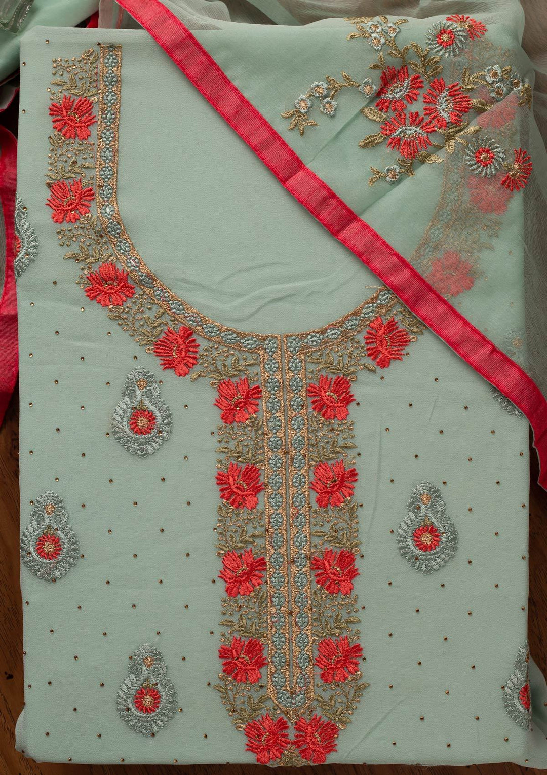 Sea Green Threadwork Chanderi Designer Unstitched Salwar Suit - koskii