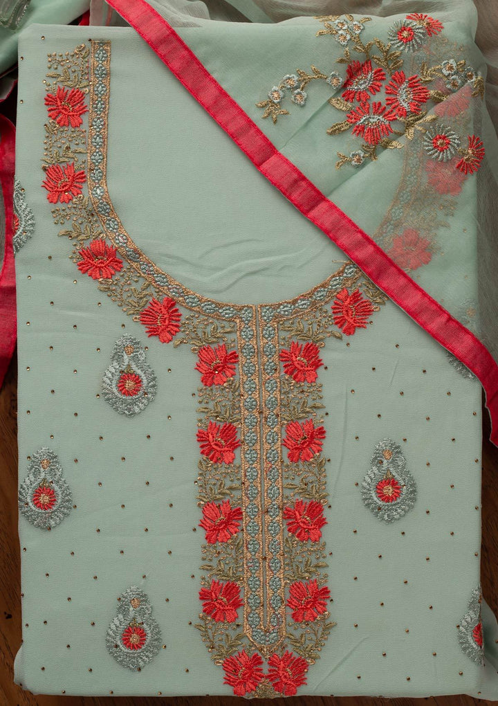 Sea Green Threadwork Chanderi Designer Unstitched Salwar Suit - koskii
