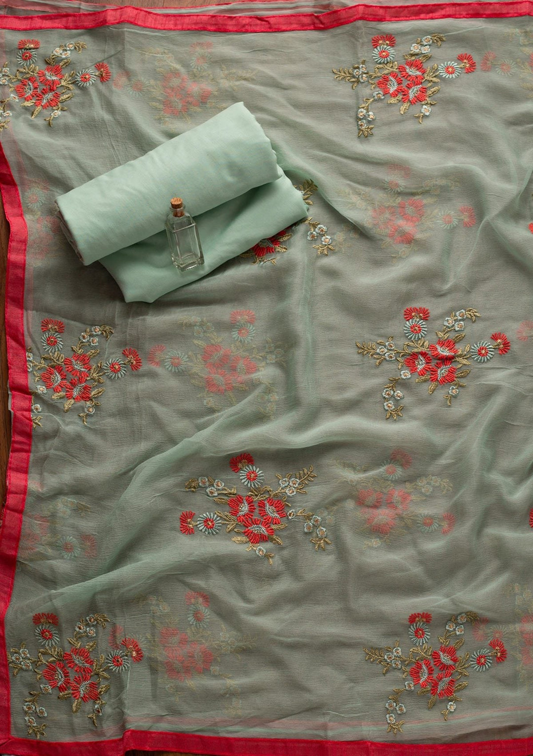 Sea Green Threadwork Chanderi Designer Unstitched Salwar Suit - koskii