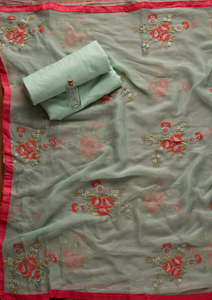 Sea Green Threadwork Chanderi Designer Unstitched Salwar Suit - koskii