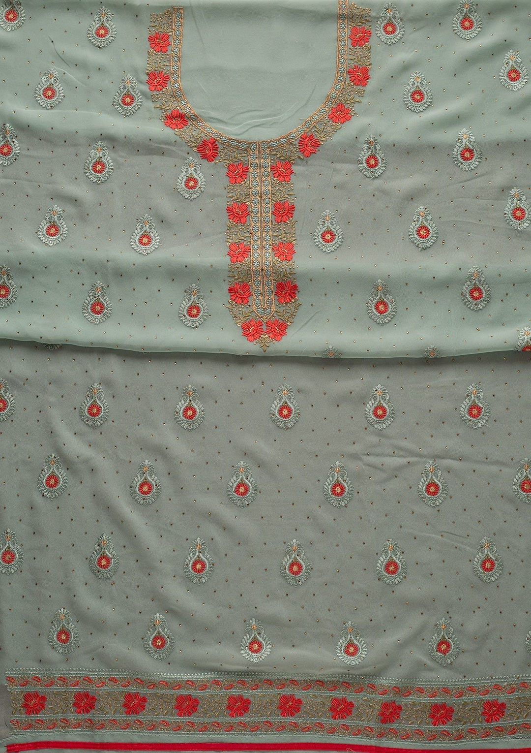 Sea Green Threadwork Chanderi Designer Unstitched Salwar Suit - koskii