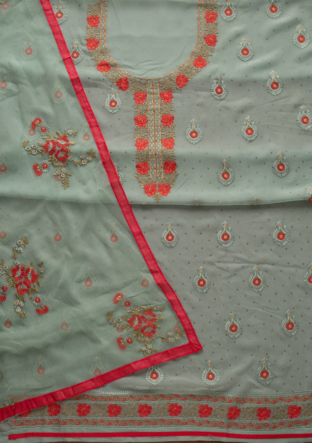 Sea Green Threadwork Chanderi Designer Unstitched Salwar Suit - koskii