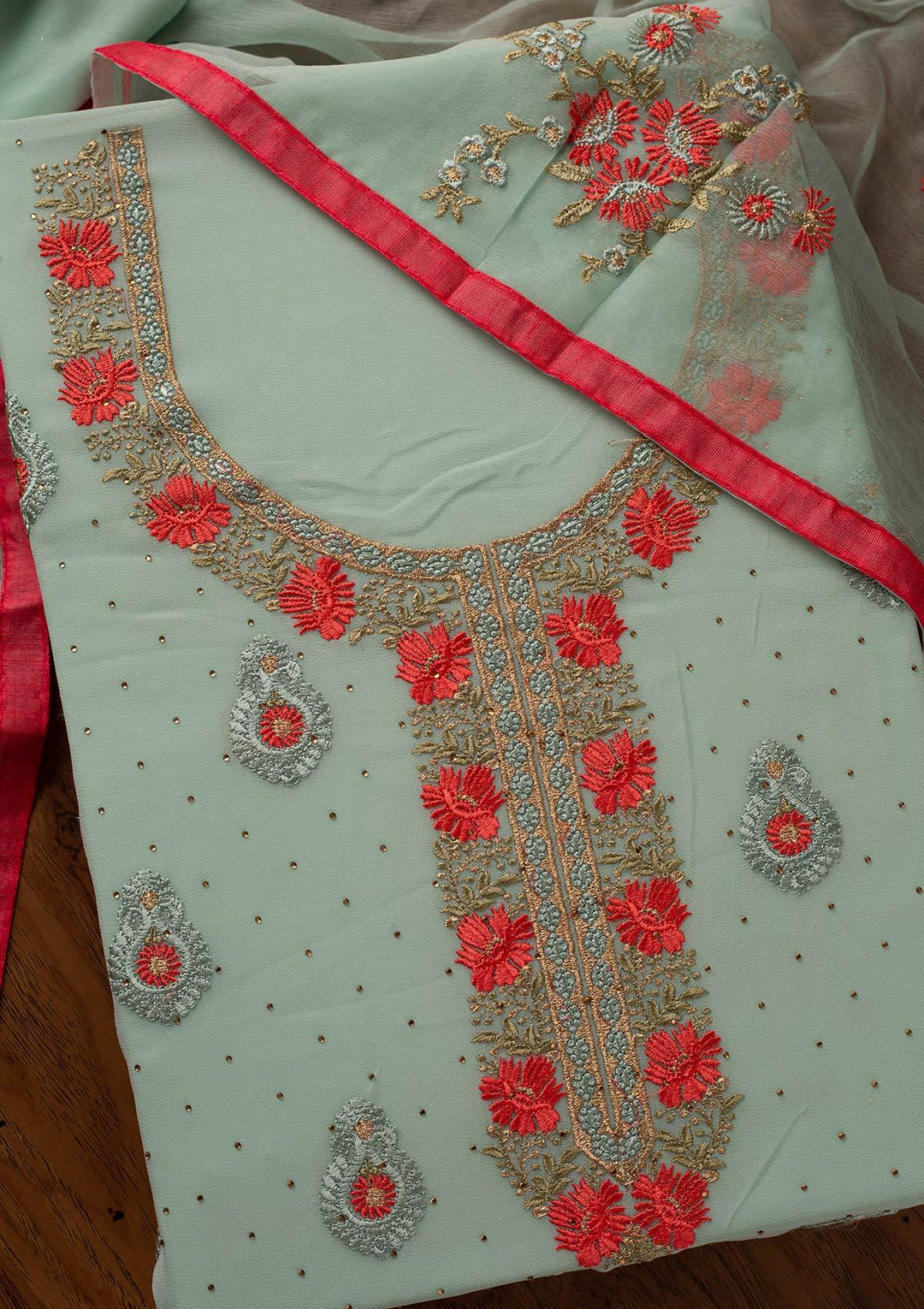Sea Green Threadwork Chanderi Designer Unstitched Salwar Suit - koskii