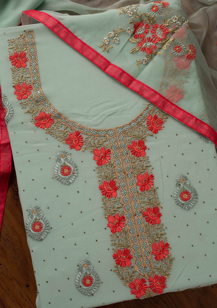Sea Green Threadwork Chanderi Designer Unstitched Salwar Suit - koskii