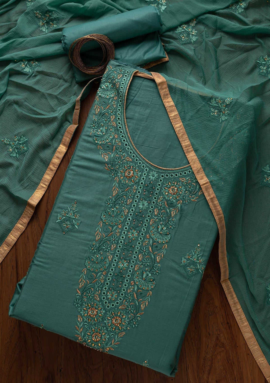 Sea Green Threadwork Chanderi Designer Unstitched Salwar Suit - koskii
