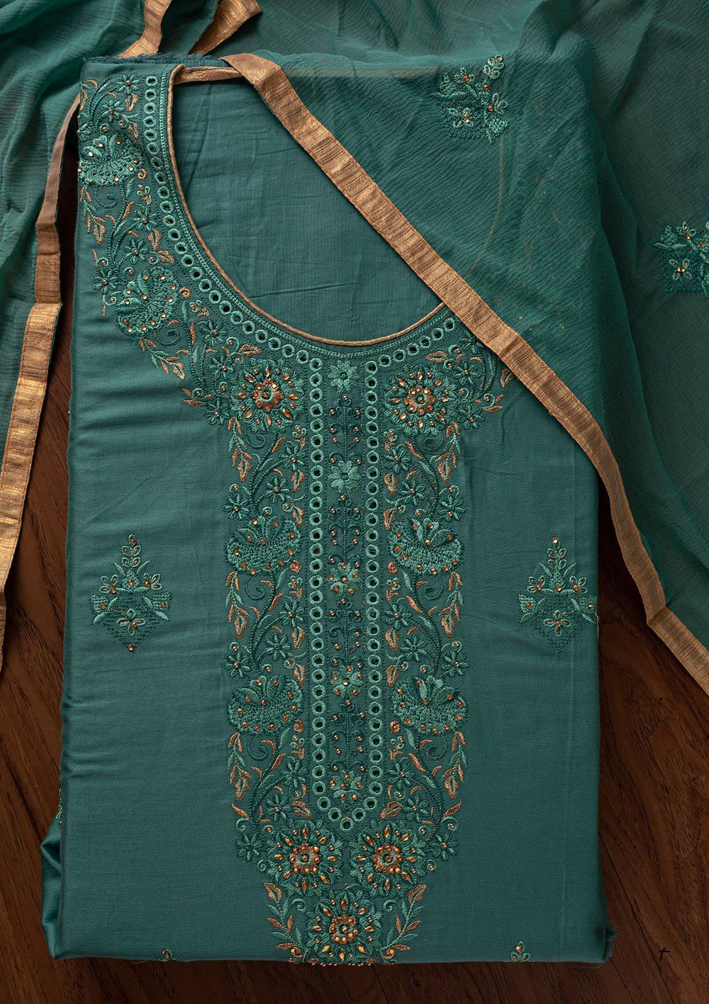 Sea Green Threadwork Chanderi Designer Unstitched Salwar Suit - koskii