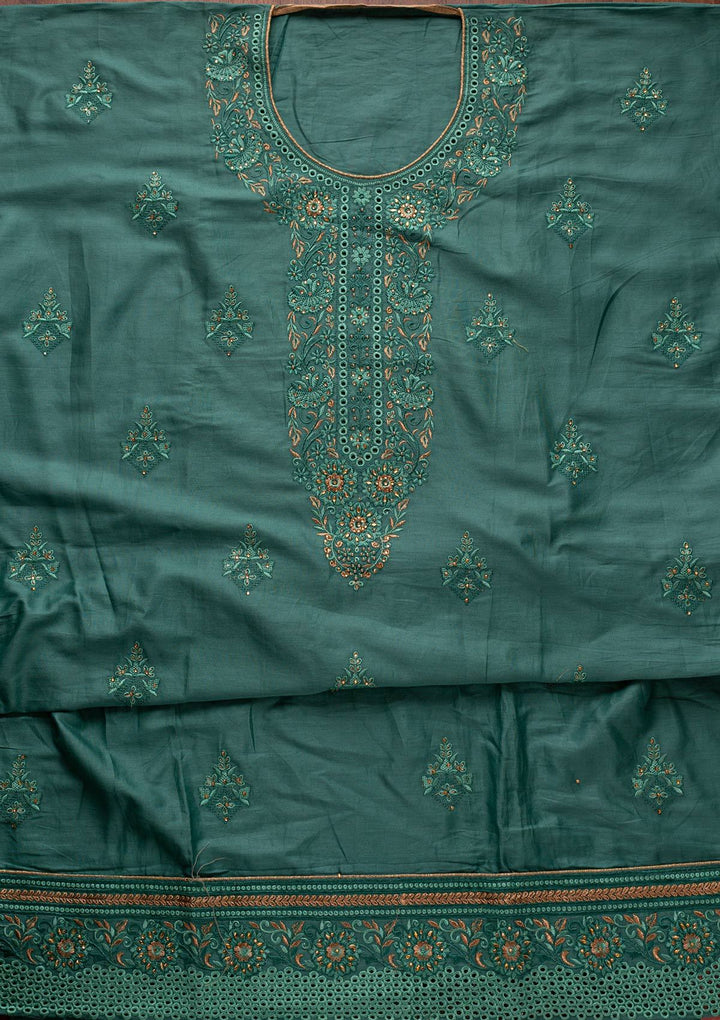 Sea Green Threadwork Chanderi Designer Unstitched Salwar Suit - koskii