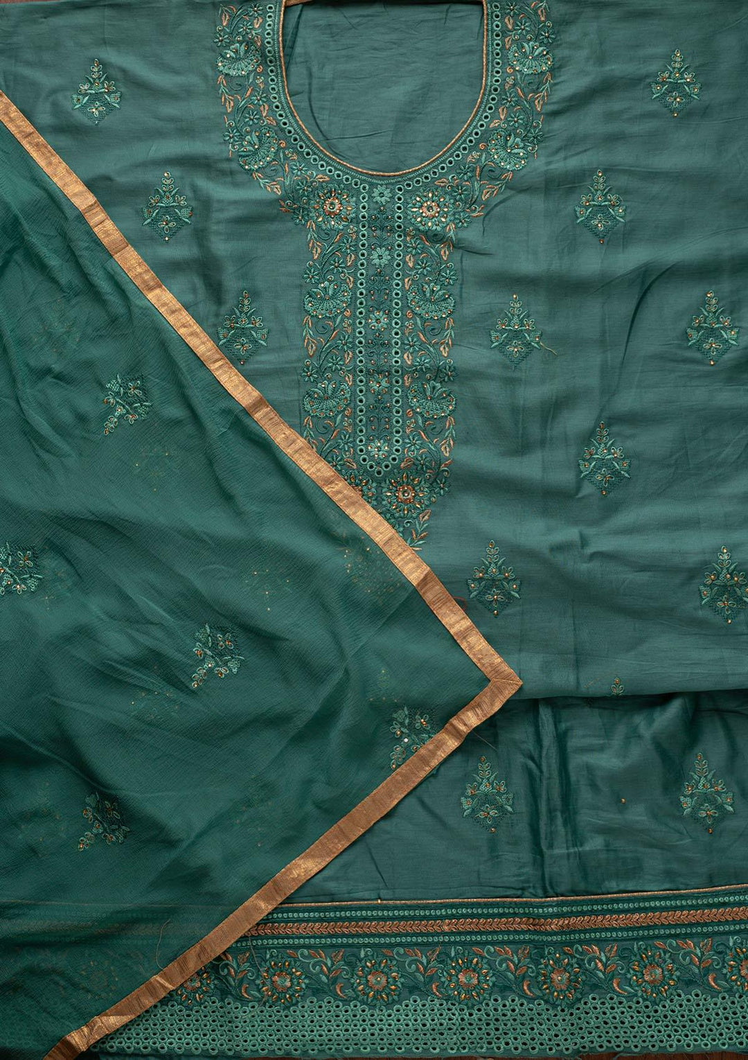 Sea Green Threadwork Chanderi Designer Unstitched Salwar Suit - koskii