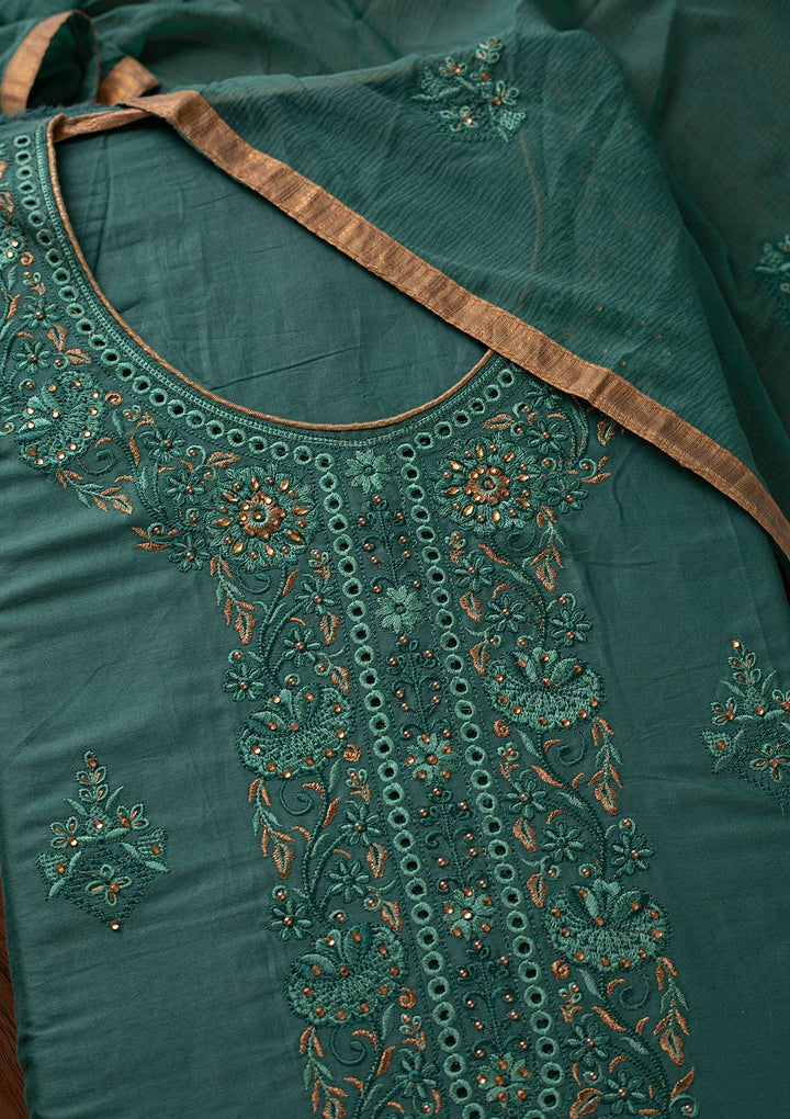 Sea Green Threadwork Chanderi Designer Unstitched Salwar Suit - koskii