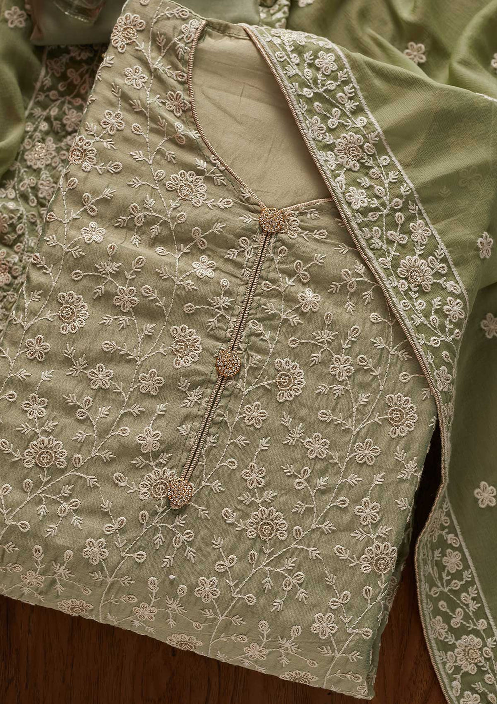 Sea Green Threadwork Chanderi Designer Unstitched Salwar Suit - koskii