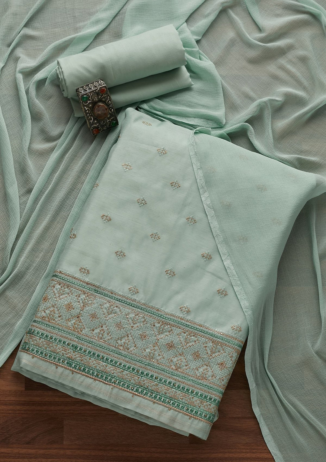 Sea Green Threadwork Chanderi Designer Unstitched Salwar Suit - Koskii