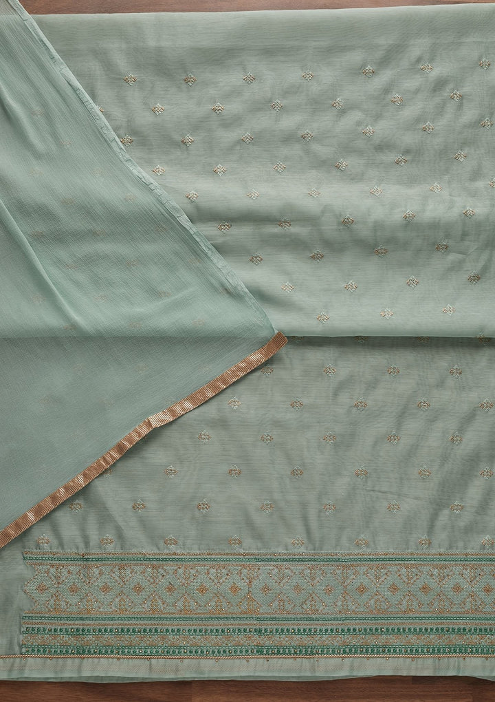 Sea Green Threadwork Chanderi Designer Unstitched Salwar Suit - Koskii
