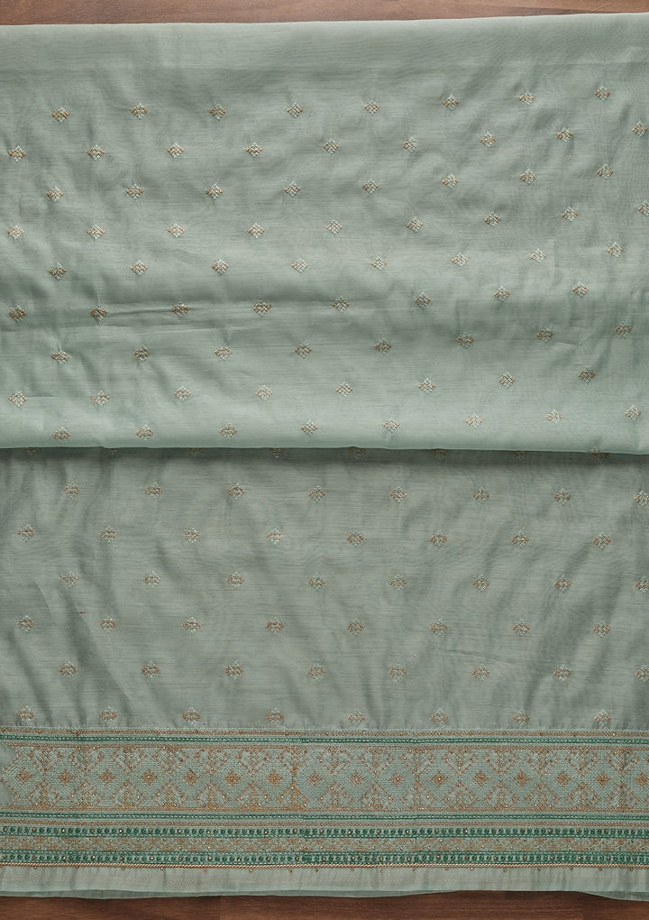 Sea Green Threadwork Chanderi Designer Unstitched Salwar Suit - Koskii